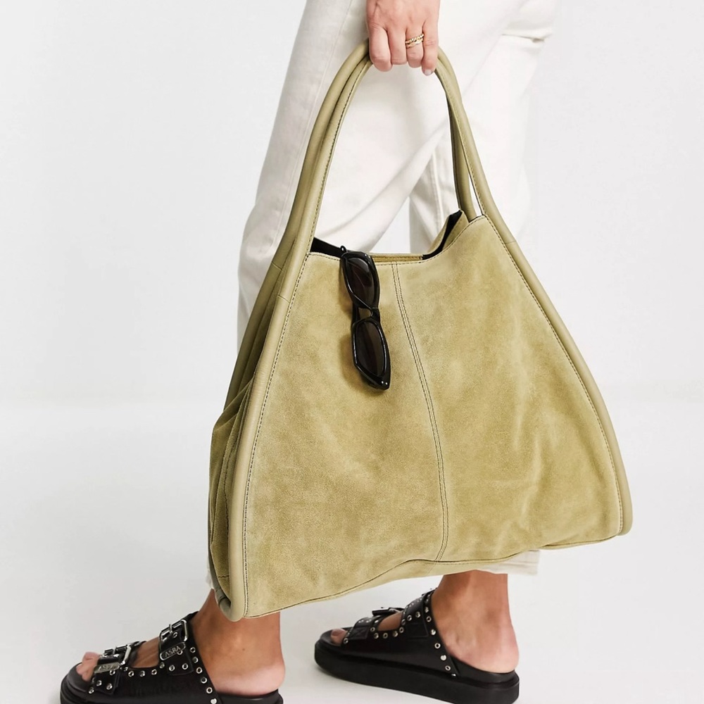 ASOS DESIGN suede tote bag with tubular piping in green